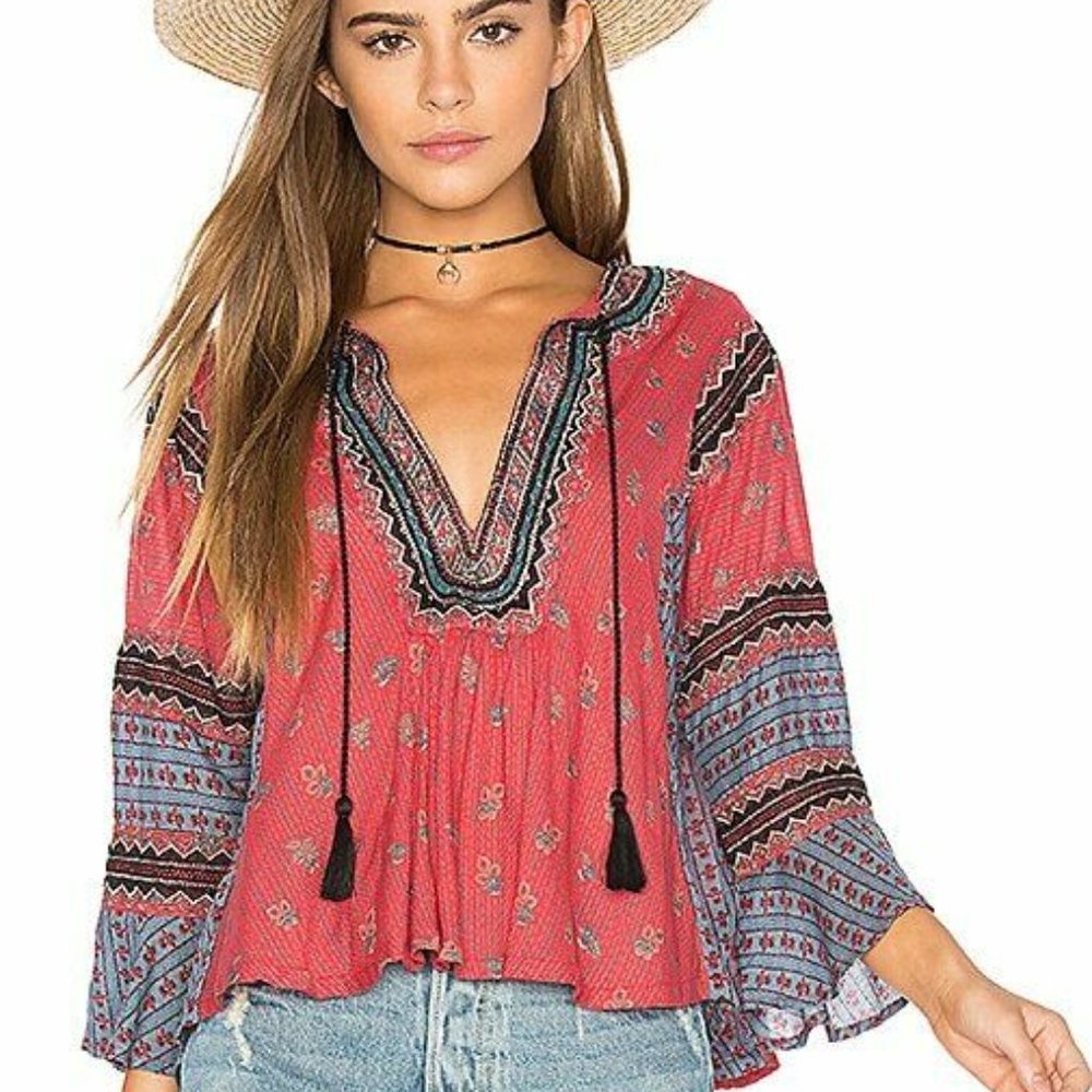 FREE PEOPLE Boho But I Like It Peasant Embroidered Floral Printed Top Small